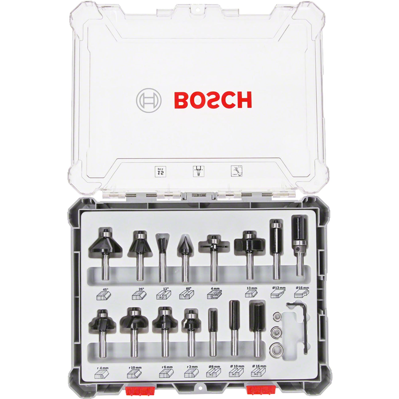 Ensemble de fraises à queue mixte Bosch 8 mm, 15 pièces